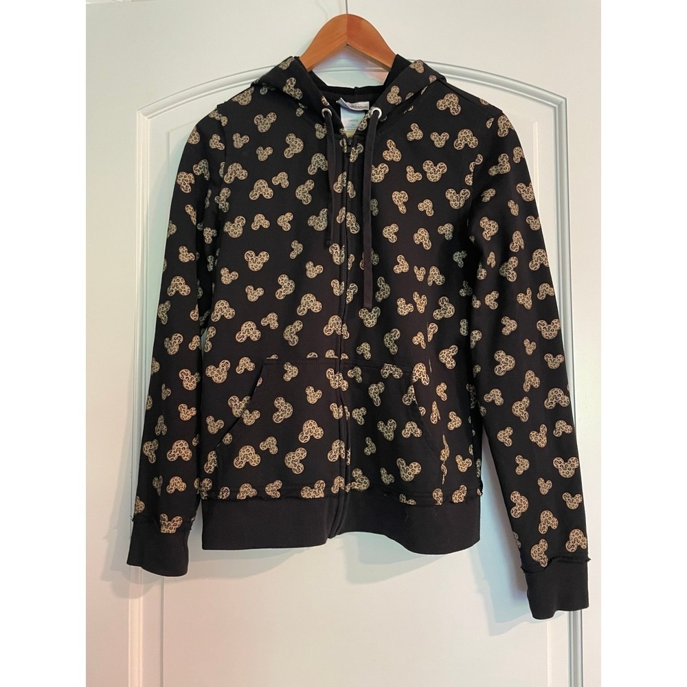Disney Mickey Mouse Leopard Print Full Zip Hoodie Black Women's Size L